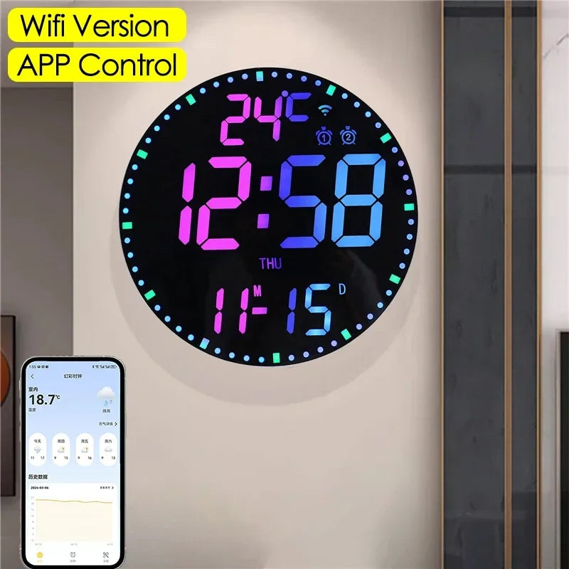Digital LED Wall Clock with Dual Alarms Wifi App Control Temp Date Time Week Display Creative Colorful Electronic Alarm Clock