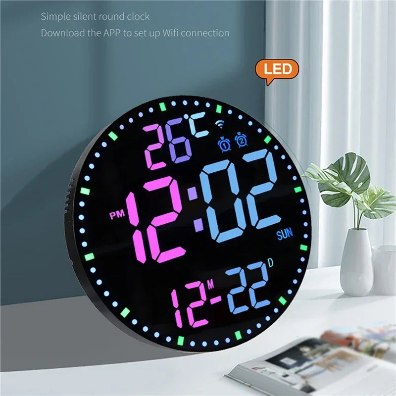 Digital LED Wall Clock with Dual Alarms Wifi App Control Temp Date Time Week Display Creative Colorful Electronic Alarm Clock
